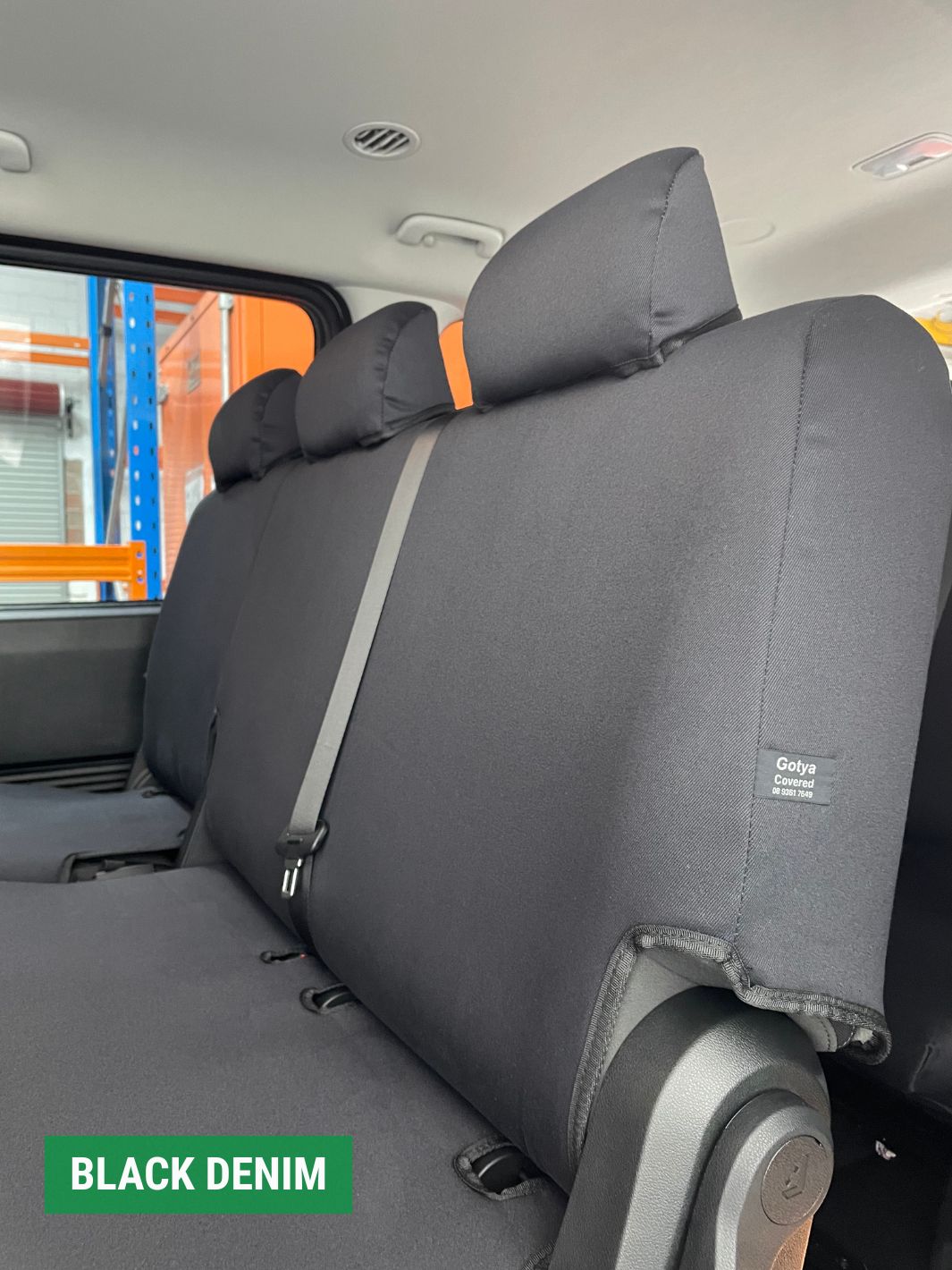 hyundai staria - close up of row 2 black denim seat cover backrest