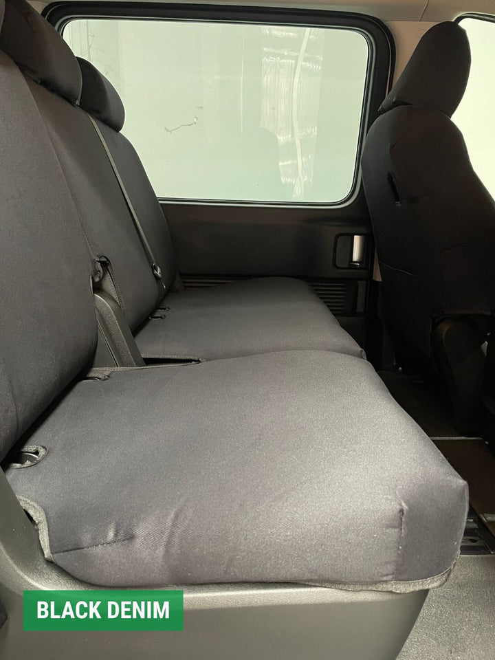 hyundai staria - row 2 black denim seat covers - close up of seat cushion