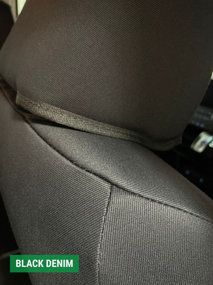 close up of black denim fabric to highlight quality 