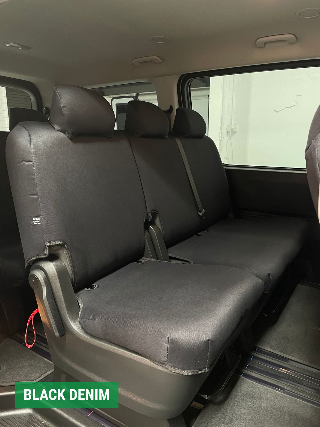 black denim seat covers in middle row of hyundai staria