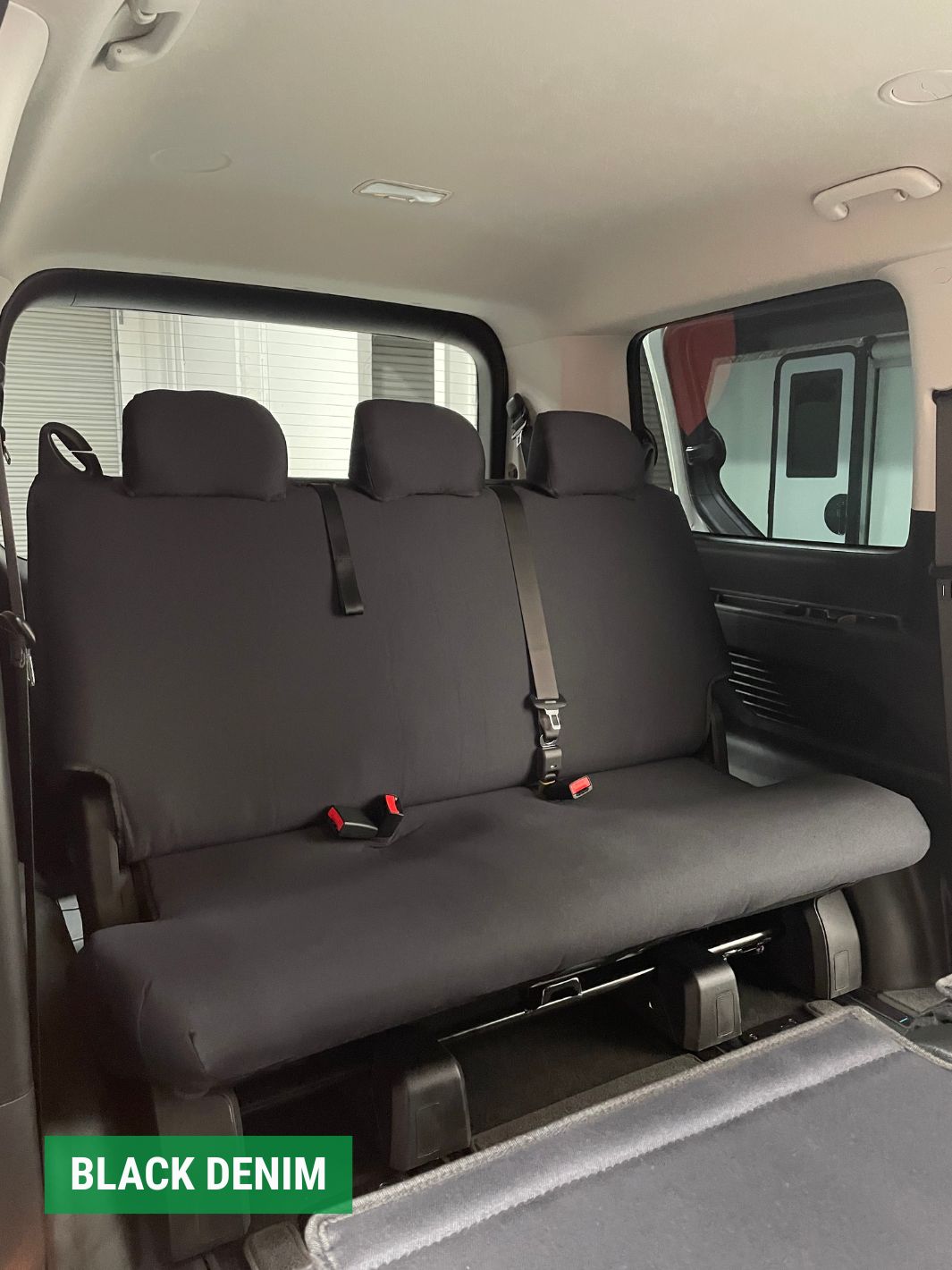 black denim seat covers fitted to row 3 of hyundai staria